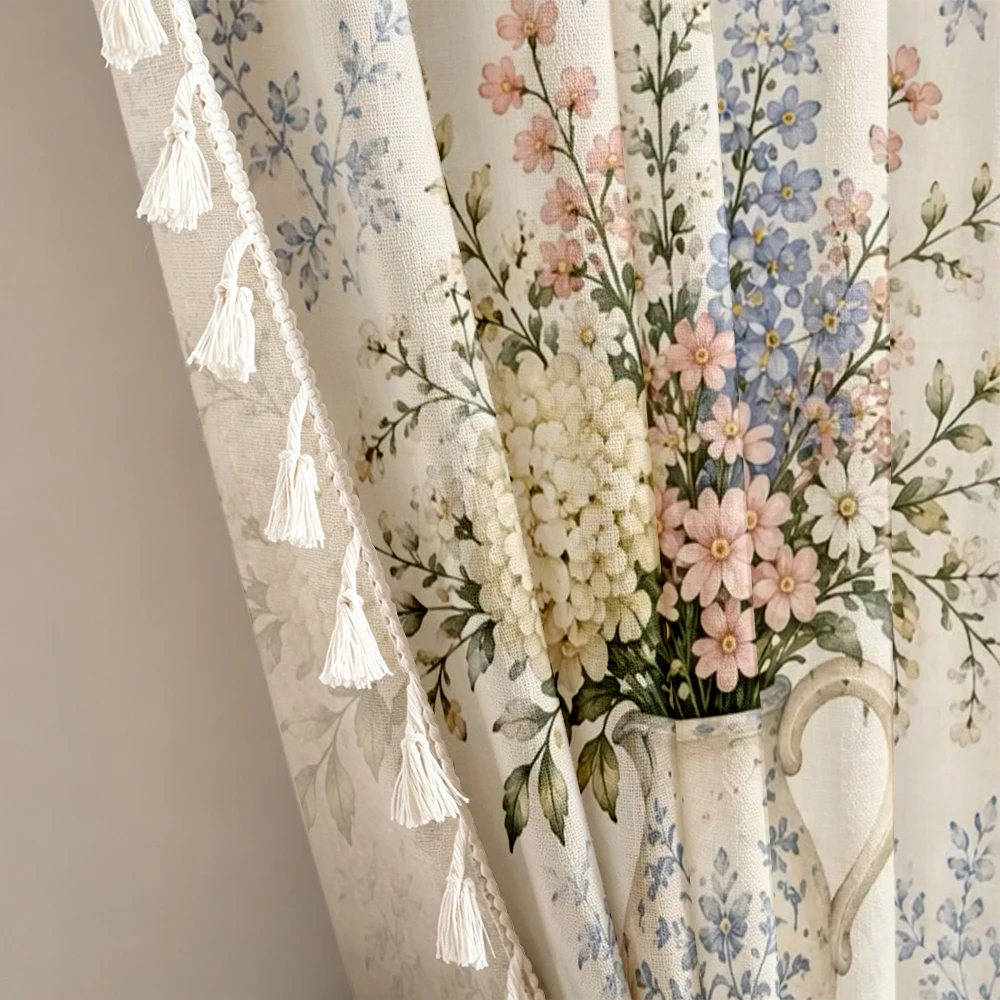 1PC Vintage Tassel Sheer Curtains, Vase Flower Books, Digital Print, Linen Polyester, Bedroom Living Room, Rod Pocket Decor