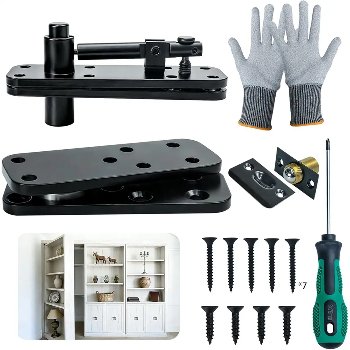 A24I Bookcase Door Heavy Duty Hardware,360 Rotation Concealed Hardware, Thickened Alloy Steel Pivot Hinge Kit for Bookshelf