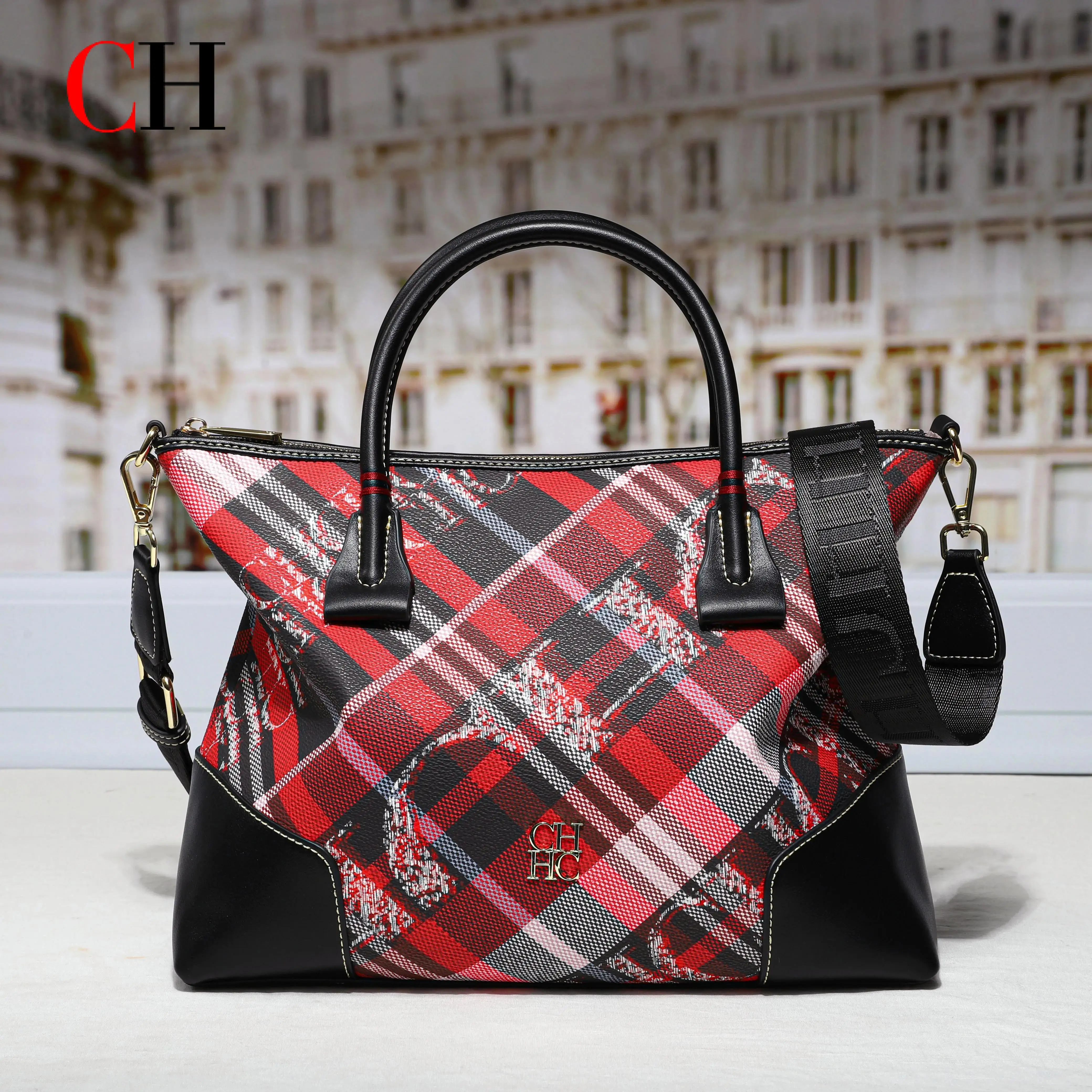 

CH Luxury Plaid Women's Tote Bag Large Capacity Handbag with Gold Hardware Detachable Shoulder Strap Casual Crossbody Purse