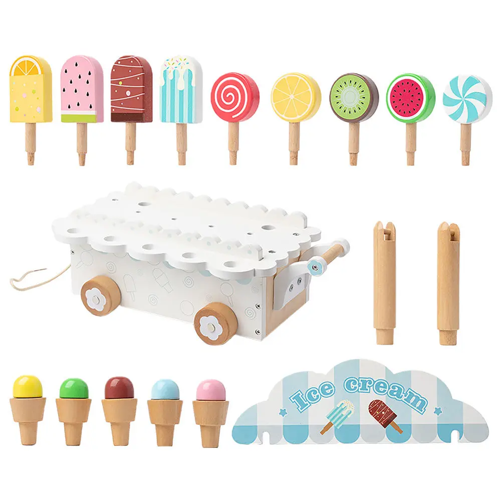 

1 Set Wooden Pretend Play Ice Cream Cart Educational Ice Cream Truck Stand Interactive Role Play Kid Playset Miniature Shop