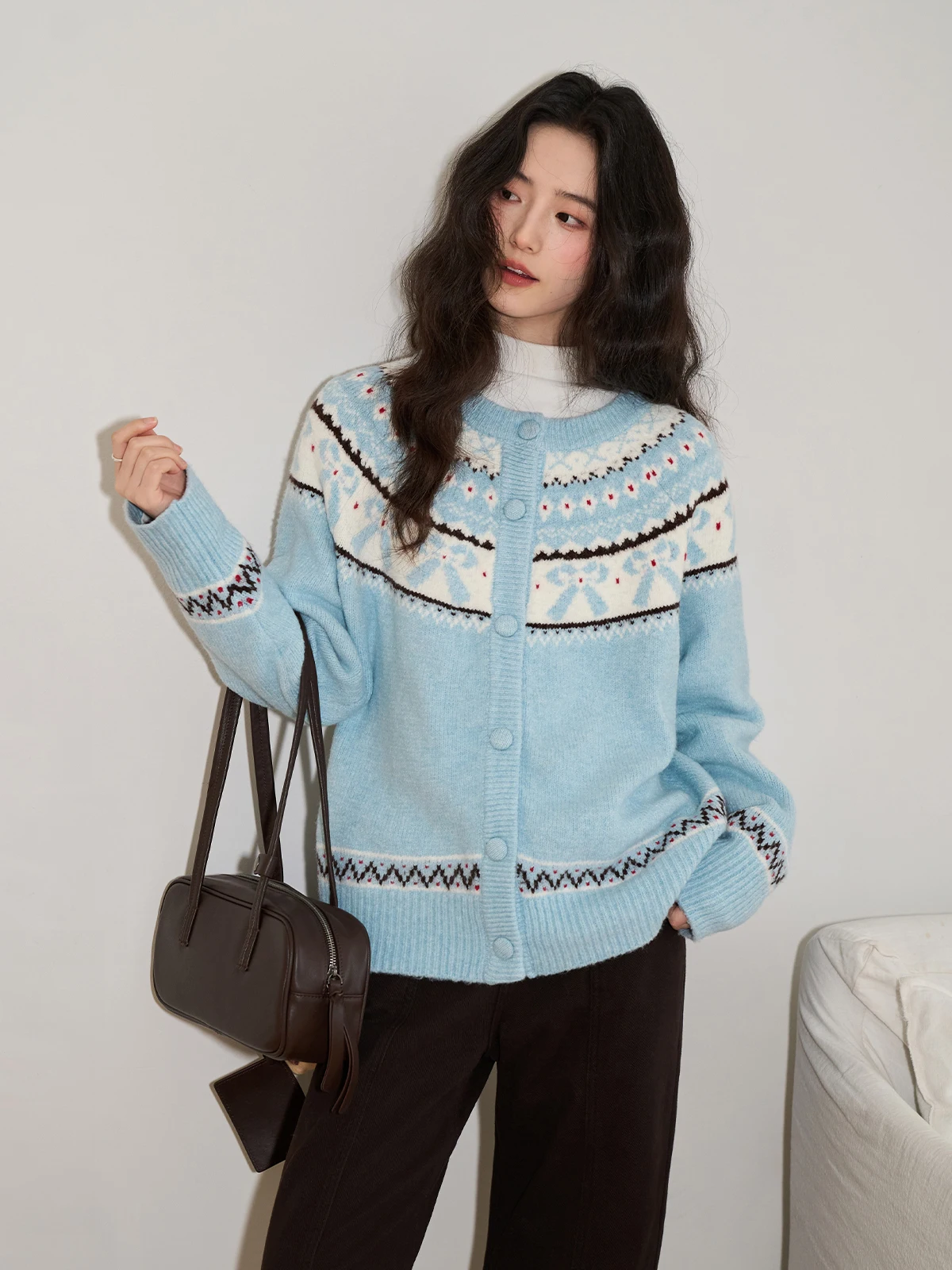 

Loose Fit Long Sve round Ne Knitted Sweater Cardigan Women's Vintage Sle Soft Comfortable Outerwear Blue Fair Isle Pat...