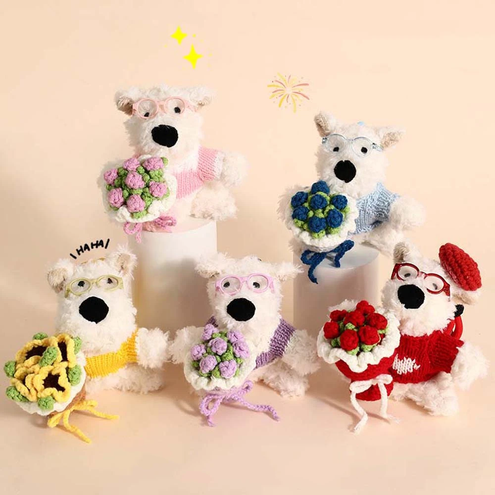 Bouquet of Flowers West Highland Bag Pendant Soft Stuffed Cartoon Animal Plush Puppy Doll Keychain Cute Plush Dog Car Keyring