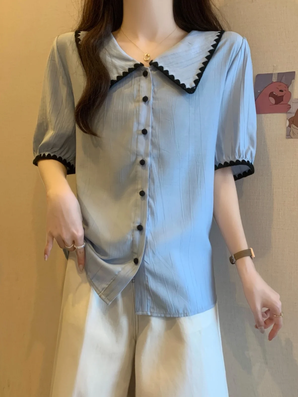 

Blue Sweet Doll Collar Short Sleeve Women's Shirt Summer plus Size Conceal Belly Anti-Aging Shoulder Appropriate Top