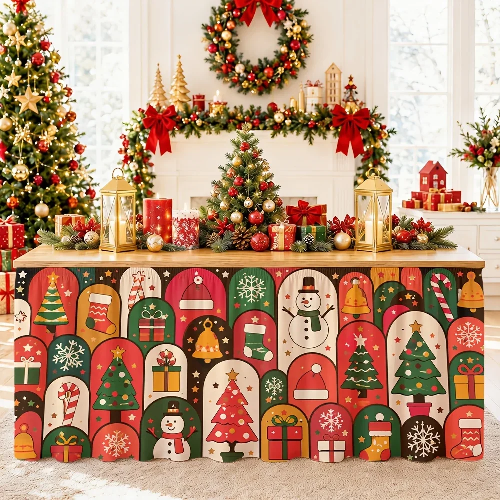 Party table skirt 1 piece - Christmas festive pattern - Polyester - Bright colors - Traditional festival decoration