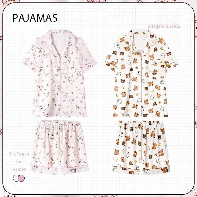 

Пижамы Kawaii Rilakkumas для пар, женская летняя футболка с короткими рукавами, милый комплект с мультяшным рисунком для студентов, домашняя одежда для девочек и мальчиков, комплект из двух предметов