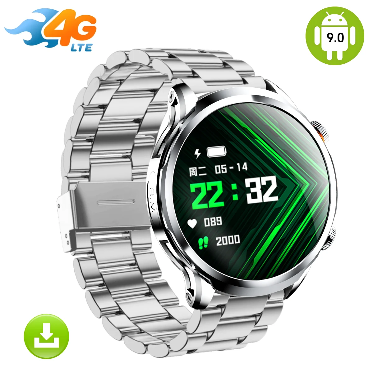 4G Full Netcom Smart Watch 1.95 Inch Android 9.0 8MP Camera GPS 128GB ROM Steel Strap WiFi Compatible with Google Play Store