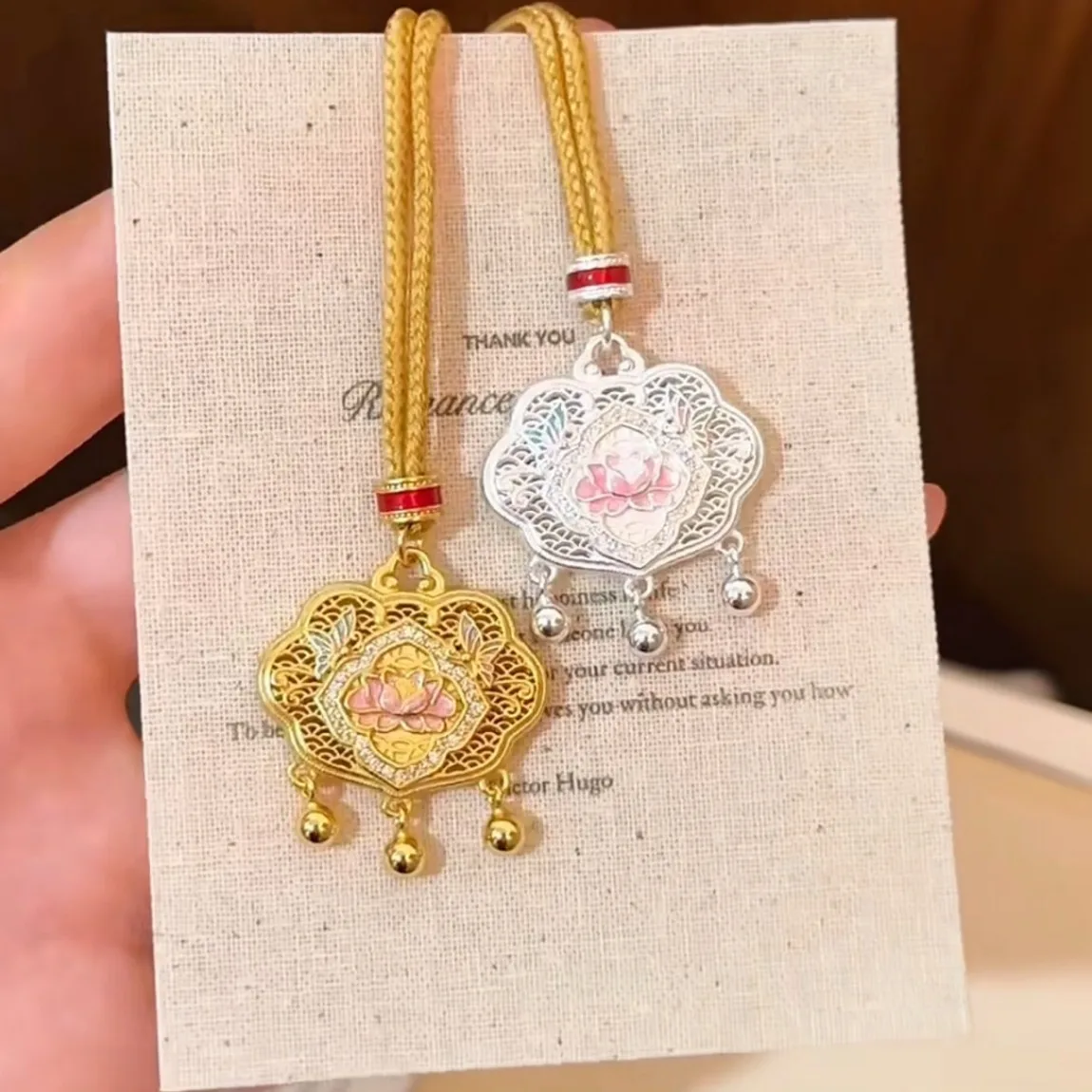 Chinese Style Lucky Double Sided Lotus Safety Lock Pendant Necklace For Women Long Sweater Chain Electroplated Gold Silver Bless