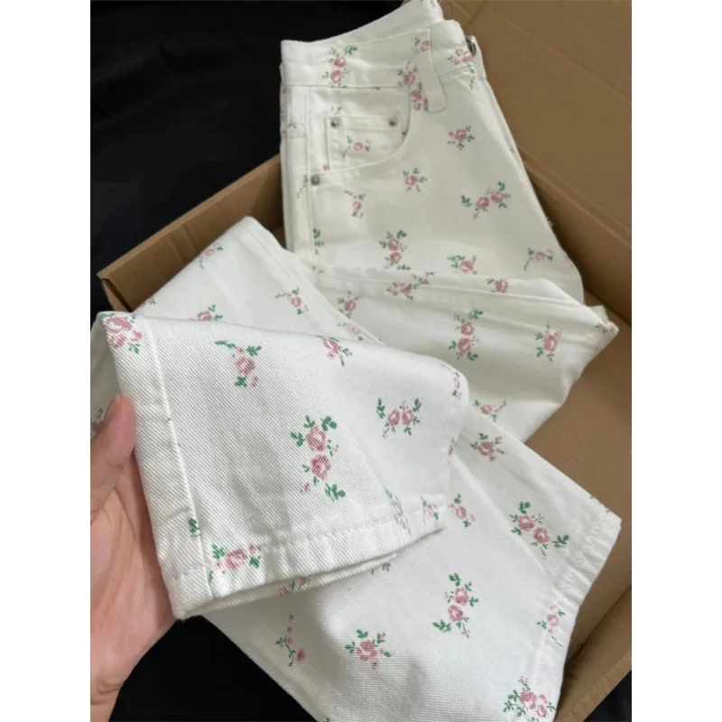 New Ladies Flower Wide-leg High-waist Jeans Ladies Summer Straight Pants Light Pocket Jeans Girls Student Loose Straight Pants