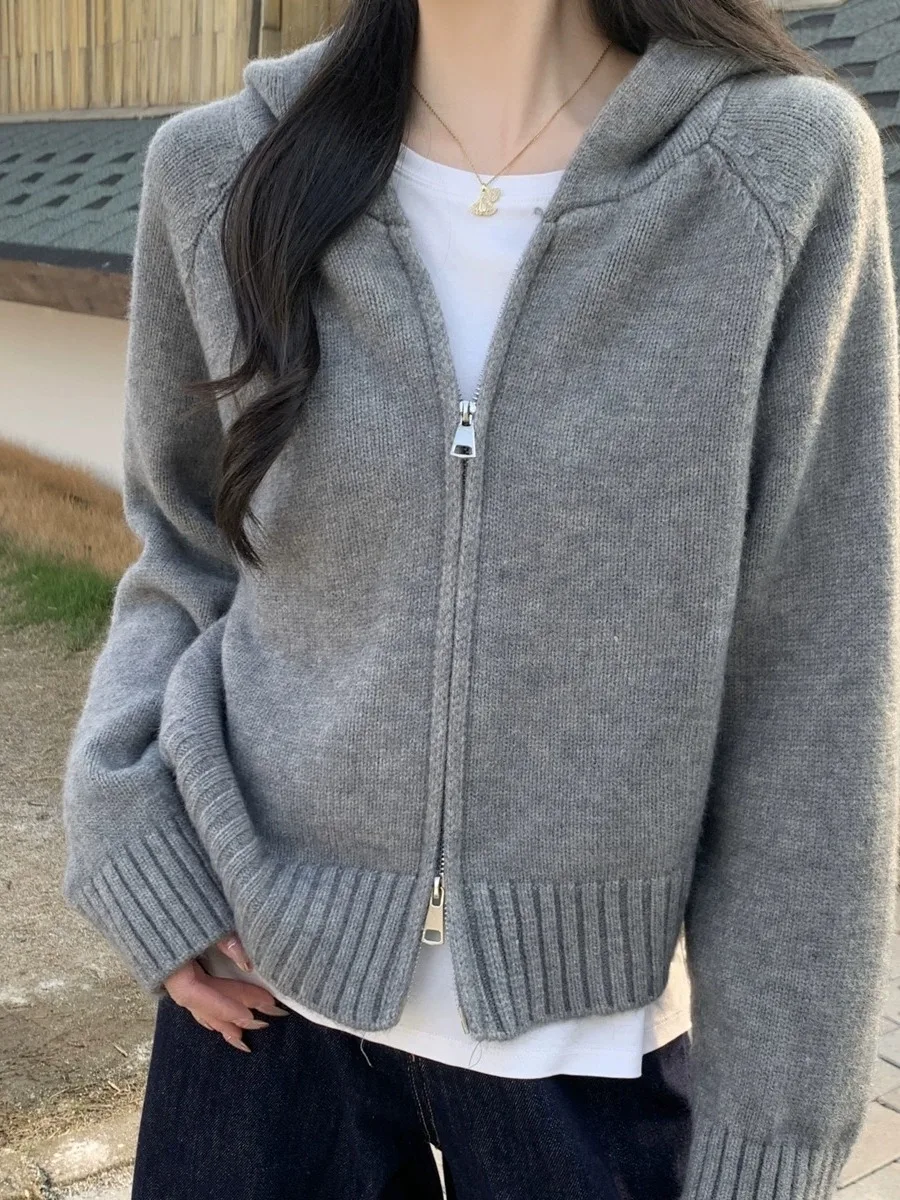 Cardigan aperto lavorato a maglia con cappuccio coreano Sle Capispalla da donna Design Sensation Maglione pigro e delicato Jaet Autunno Inverno