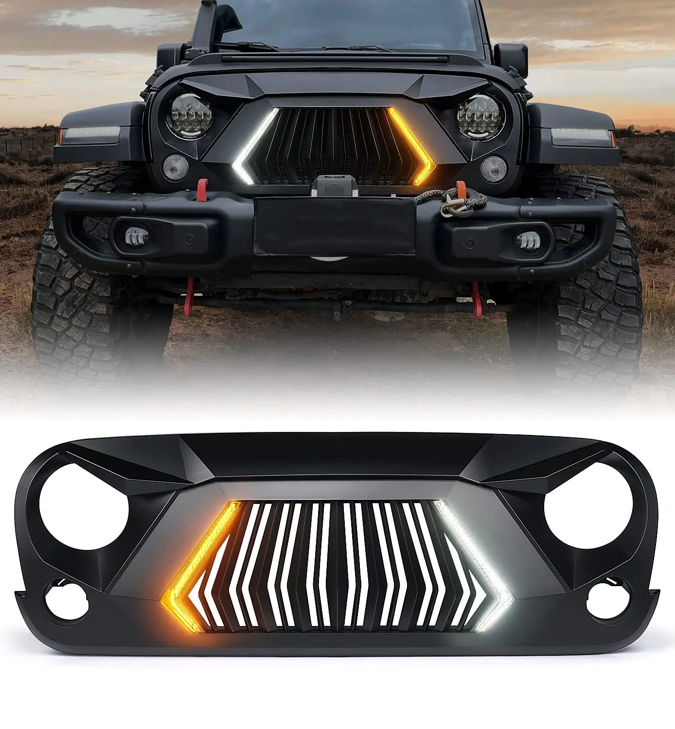 Front Grille for 2007-2018 Jeep Wrangler JK JKU, Unique Design Grille with Driving and Turn Signal Lights Matte Black