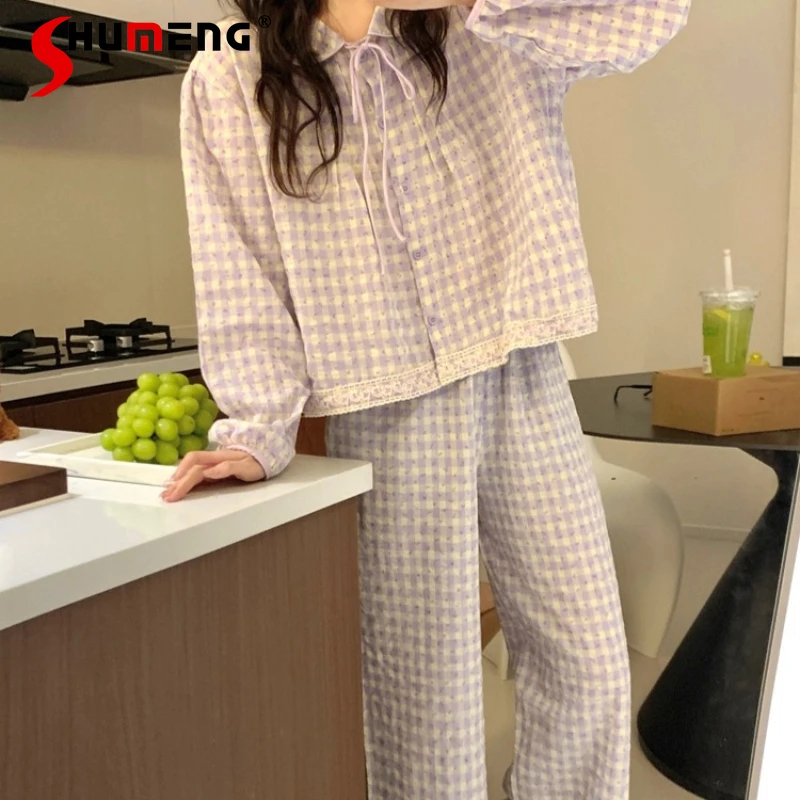 All Cotton Plaid Pajamas for Women Spring Autumn Sweet Purple Sleep Wear Female Floral Palace Style Long Sleeve Homewear Set