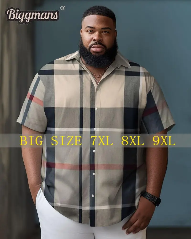 

Biggmans Plus Size L-9XL Men's Businessplaid Color Block Button-Down Short Sleeve Shirt Man Clothing