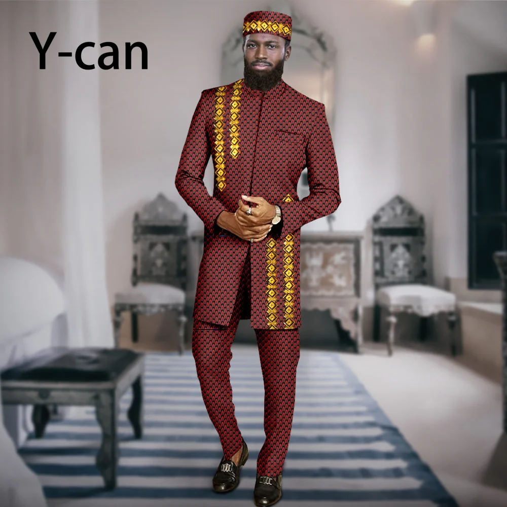 African Men Clothing 3 Piece Suits Set Embroidery Jacket and Trousers Match Muslim Caps Coat Men Outfits Party Wedding A2316069