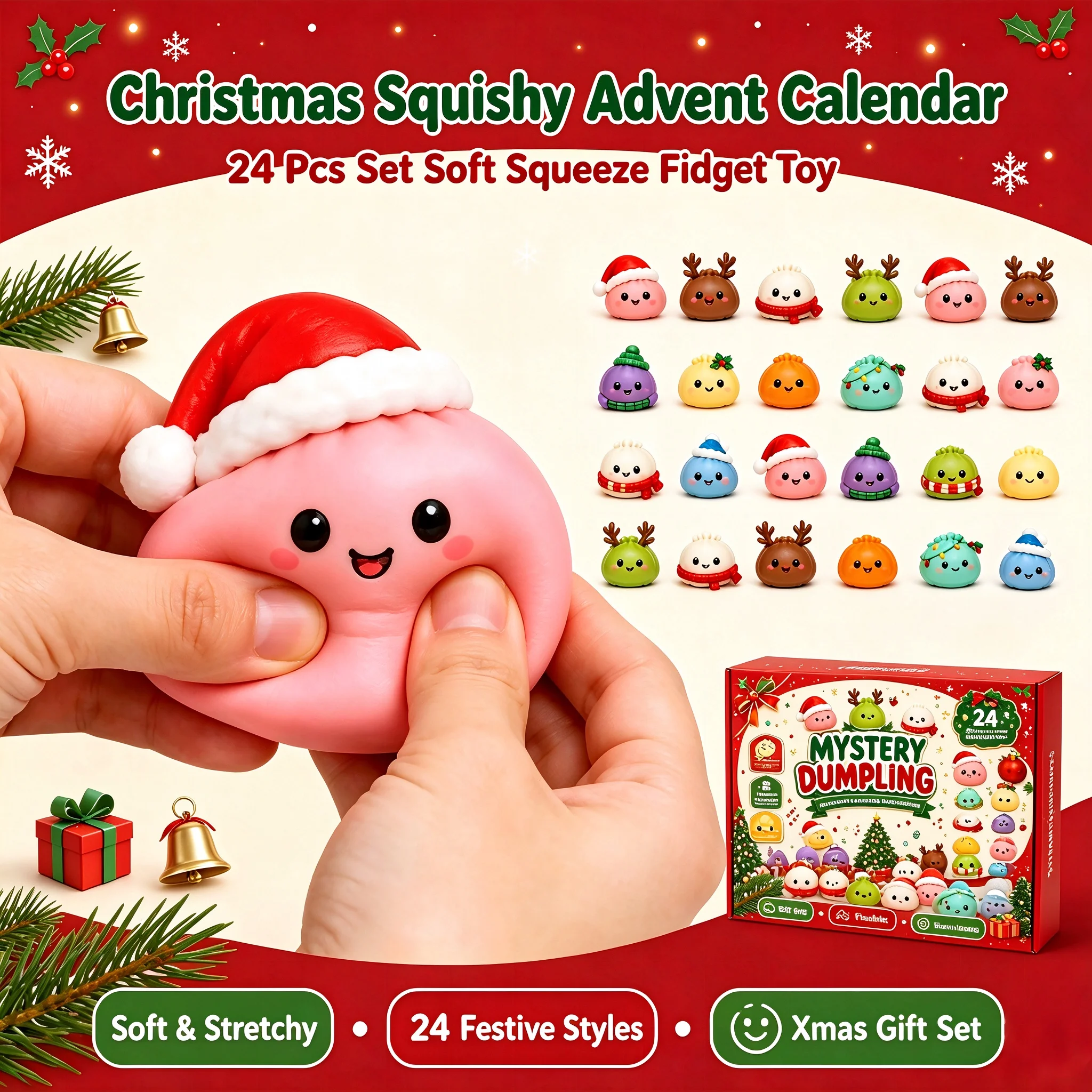 2026 Christmas Squishy Advent Calendar 24-Day Countdown Mystery Dumpling Blind Box, Stress Relief Fidget Toy Gift for Kids