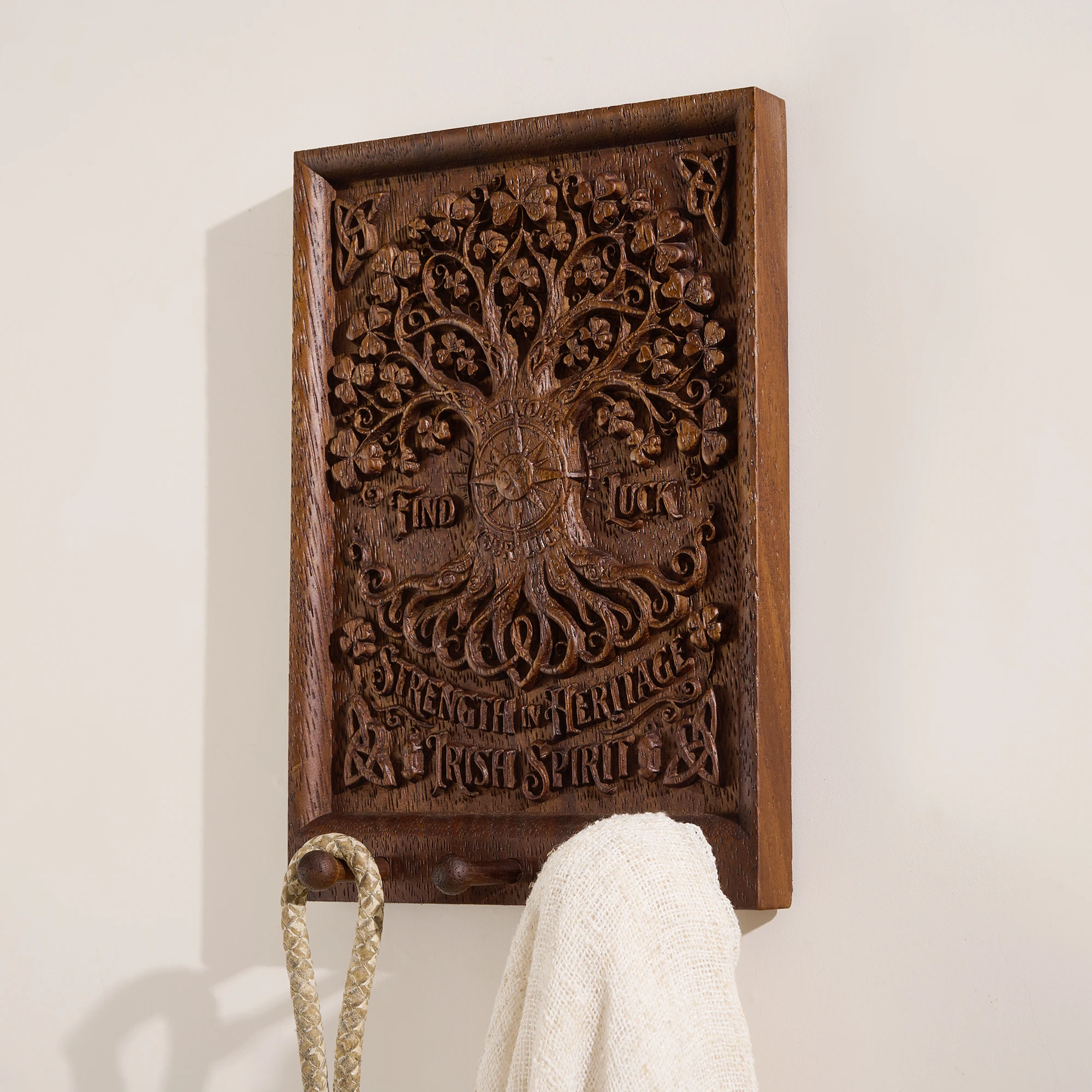 Wooden Irish Tree of Life Wall Plaque with Hooks Hand Carved Shamrock Celtic Knot Relief Wall Hanging Key Holder Irish Spirit Ho