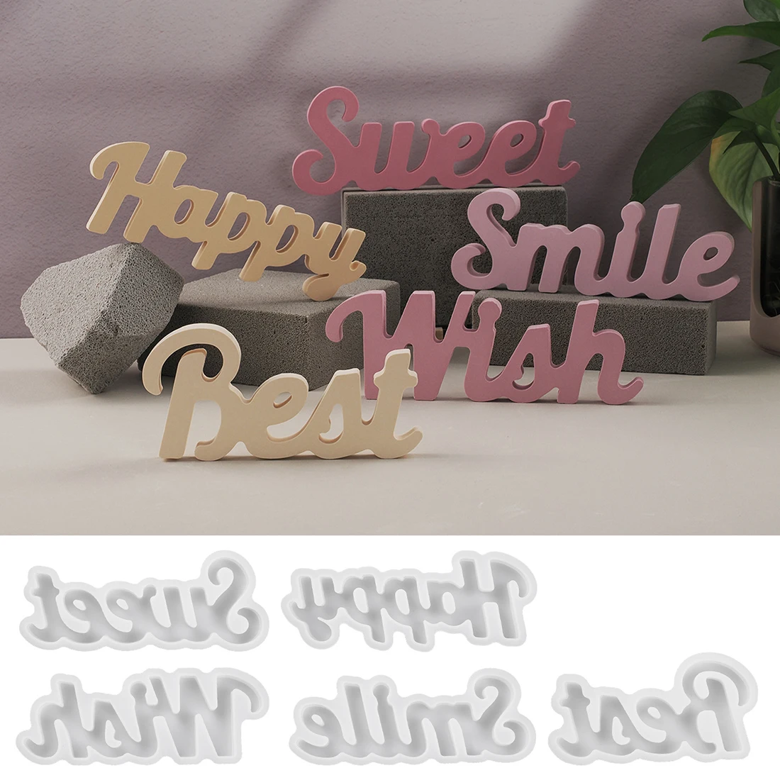 Happy/Wish/Smile English Letters Epoxy Resin Mold Desktop Ornament Decor English Alphabet Word Plaster Gypsum Silicone Molds