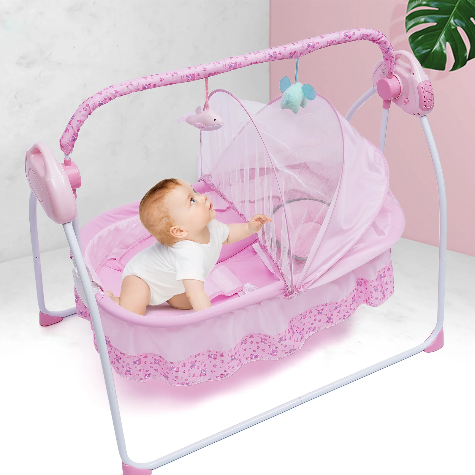 Elektrische Baby Wieg Auto Swing Rocker Cot Baby Slaapbed Schommel Wieg Kit Timer Bluetooth Muziek + Mat + Kussen 5 Versnellingen Verstelbaar