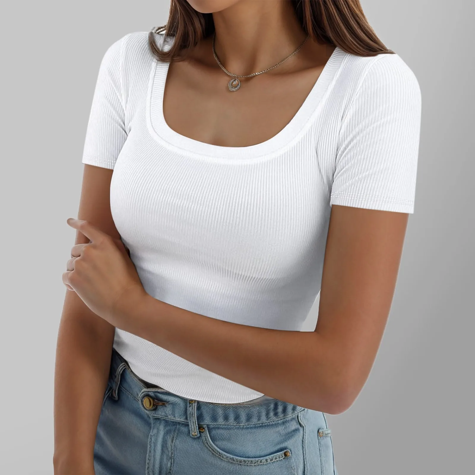 T-shirt en tricot à manches courtes pour femmes, t-shirt à col carré, coupe couvertes, tee-shirts solides, vêtements de survêtement pour femmes, vêtements d'été