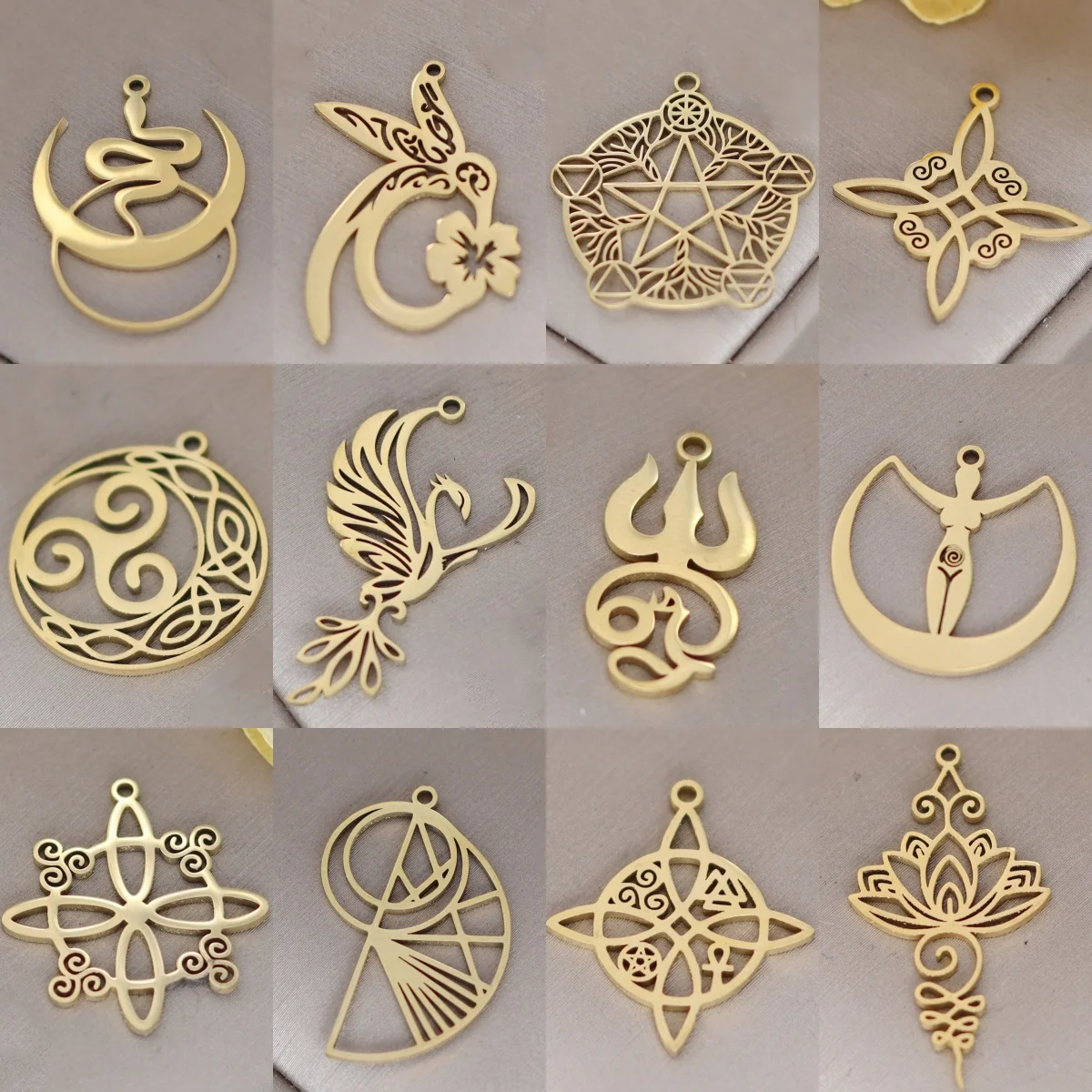 3pcs Golden Filigree Phoenix Bird/Hummingbird/Snake/Witch Knot Charms DIY Earrings Stainless Steel Jewelry Making Amulet Pendant