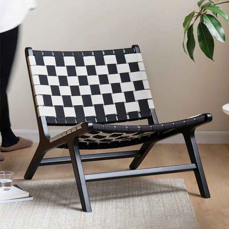 

Saddle leather checkerboard leisure chair Lazy recliner living room woven sofa chair single Nordic chair