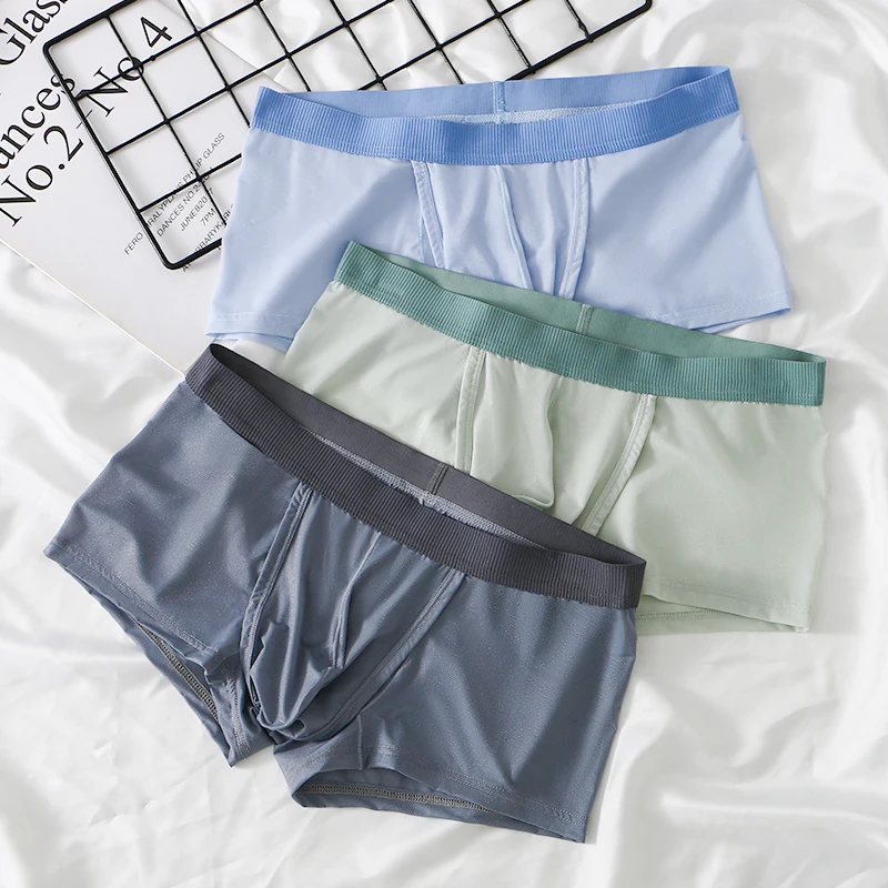 3pcs/Kit Men's Boxer Short Gyms Sports Ultra-thin Sheer Breathable Underpants Ice Silk Side Opening Bugle Pouch Boxers