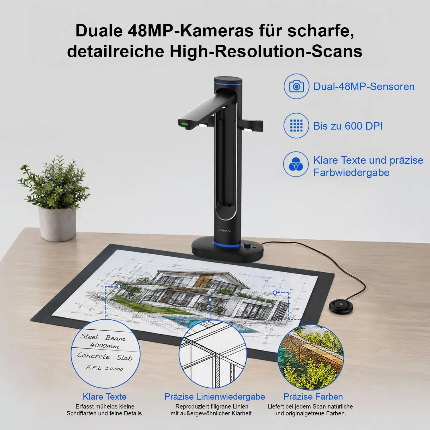 VIISAN S48 Duo Overhead Book Scanner - A2/A3 Large Format, Dual 48MP, 600 DPI with OCR & Text-to-Speech for Archiving Distance