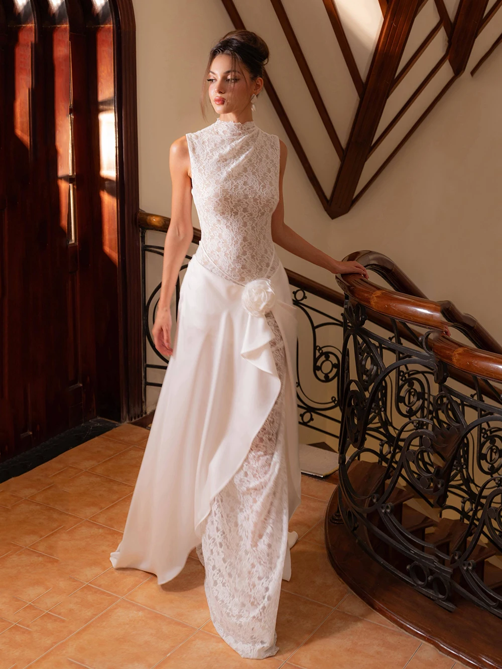 New Floral Skirt Lace Dress European Women's Evening Gown Sleeveless Long Dress Sexy Banquet