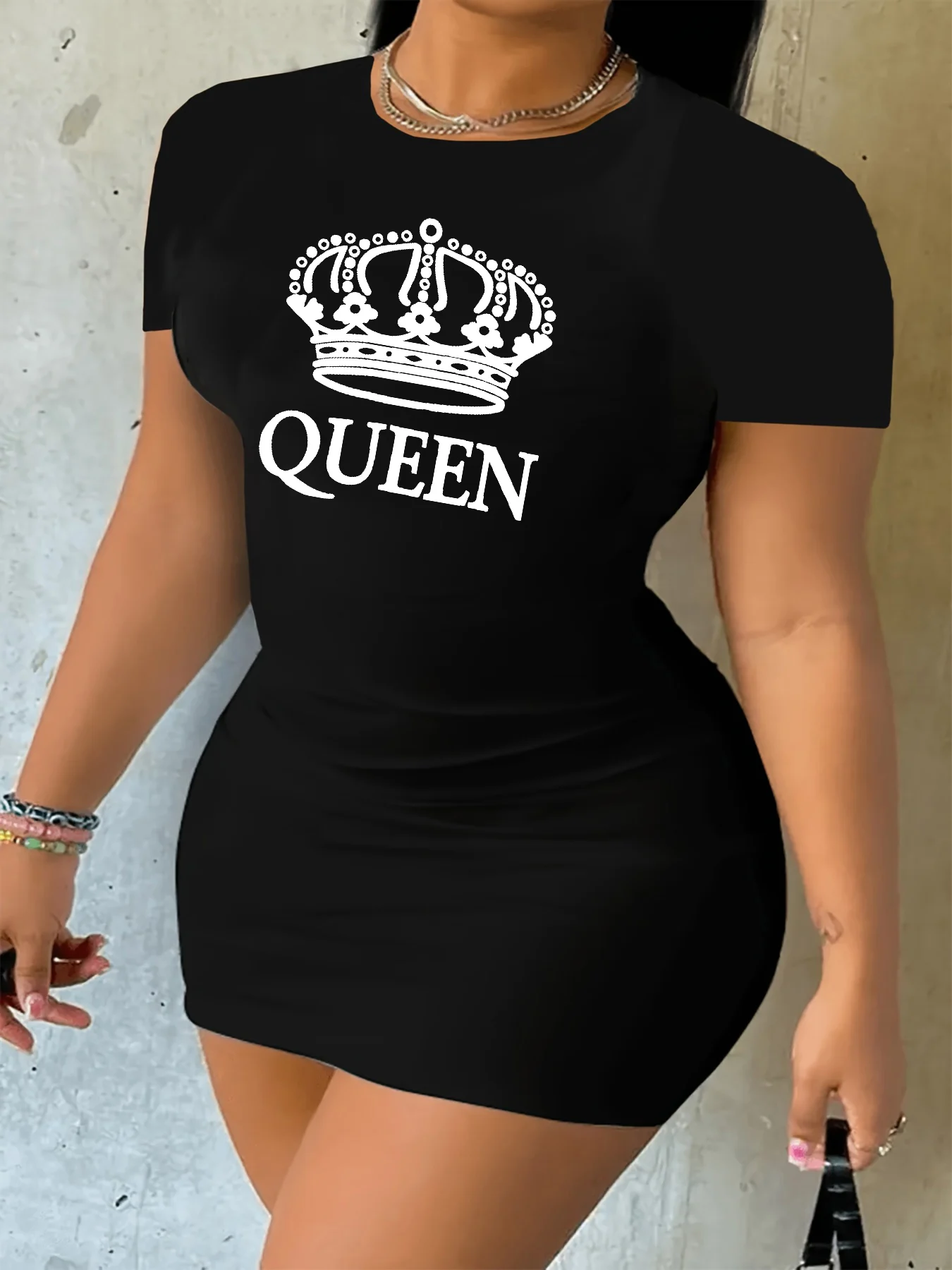 Summer women's QUEEN crown print casual slim fit short sleeved round neck T-shirt short mini skirt  Women Fashion Streetwear