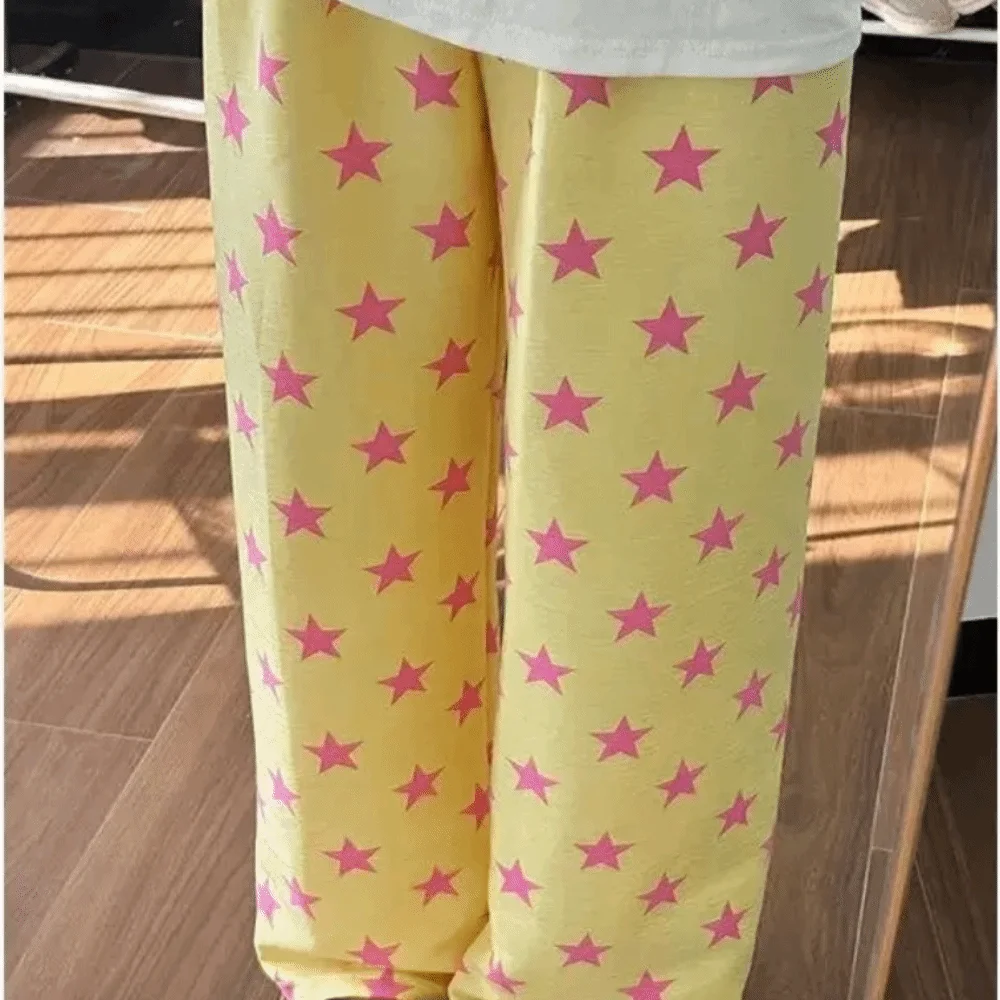 Cartoon Print Women Home Pants Star Print Elastic Waistband Night Pants Loose Fit Soft Fabric Cartoon Print Pants Lounging
