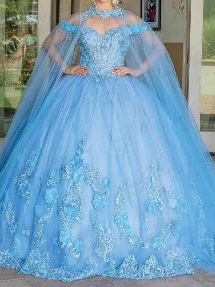 Customized Light Blue Quinceanera Ball Gowns Cap Sleeve 3D Flower Sweet 15 Birthday Party Dress With Cape Vestido De xv Anos