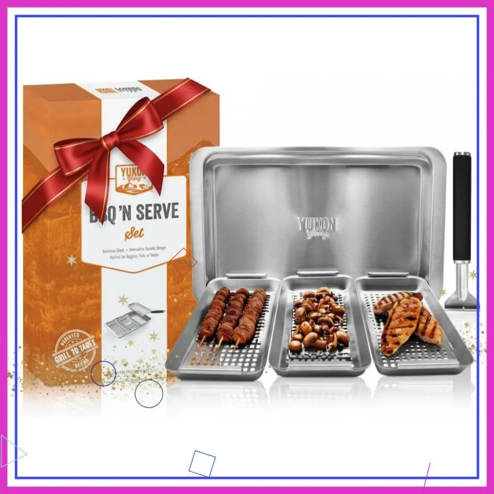 

Stainless Steel BBQ Grill Basket Set with 3 Baskets, Drip Tray & Handle for Fish, Shrimp, Veggies