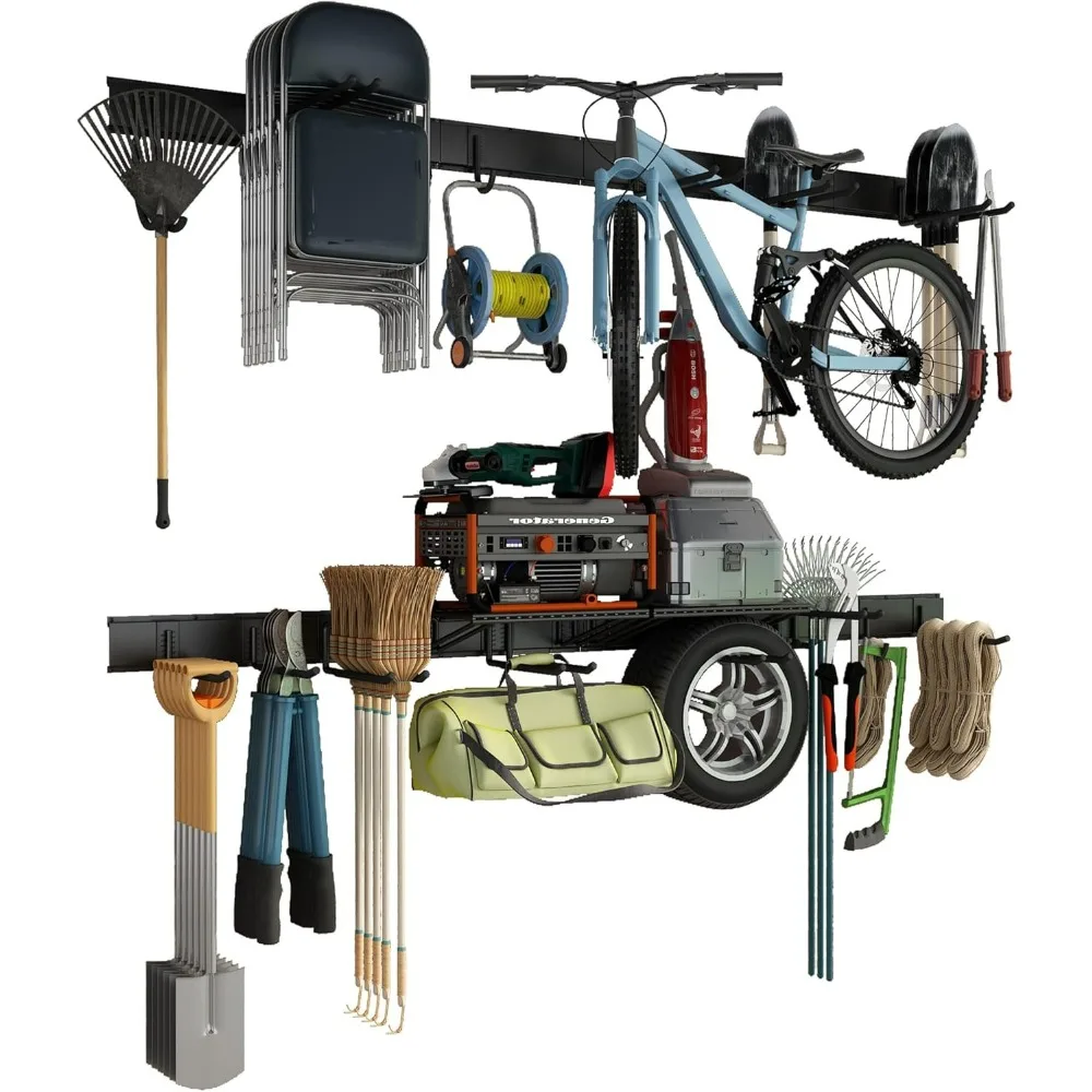 Heavy Duty Garage Garden Tool Organizer - 95" Wall Mounted Storage Rack with 2 Shelves, 12 Removable Hooks, Holds Up to 1400 lbs