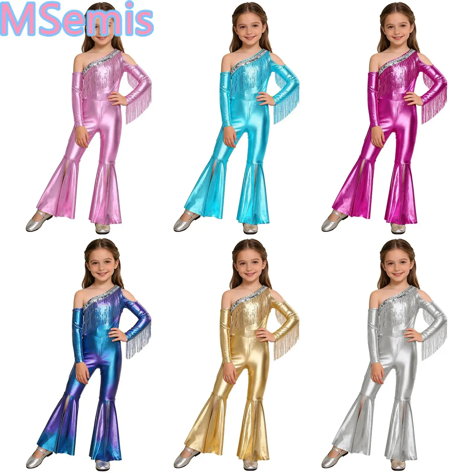 

Kids Girls Metallic Shiny Dance Jumpsuit Off Shoulder Long Sleeve Sequin Tassel Slit Bell Bottom Legs Jumpsuit
