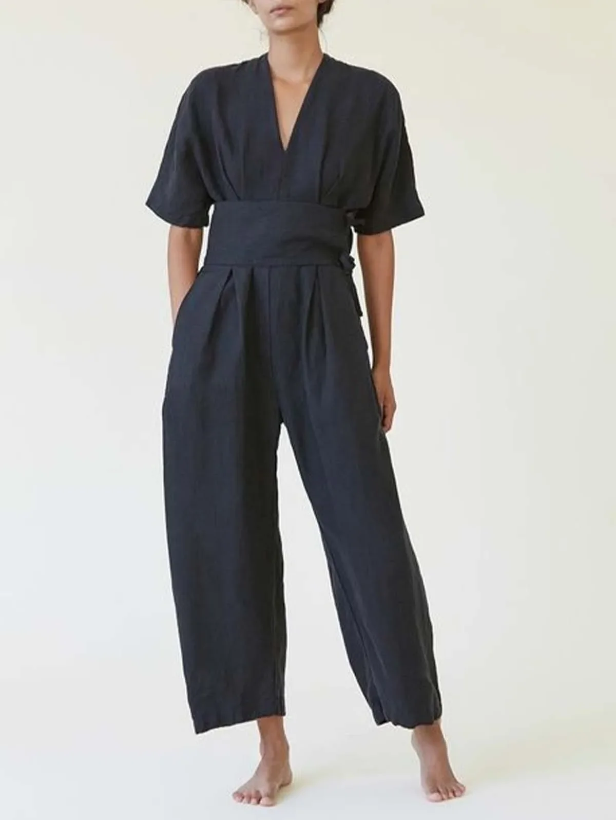 Cotton Linen Short Sleeve Women Jumpsuit Summer Causal Solid V-Neck Belt Straight Leg Jumpsuits Versatile Loose Bodysuit