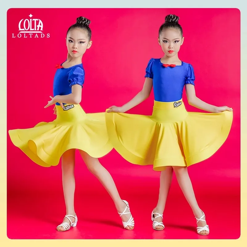 

Children's Cartoon Performance Suit Latin Dance Performance Suit Short-sleeved Blue and Yellow Split Girls' Dance Practice Suit