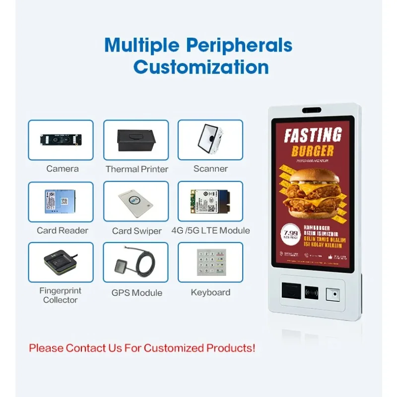 32'' Touch Screen Kiosk Machine Self-Ordering Service Payment Kiosk Barcode Reader For Shopping Malls 15.6''-32'' Touch Screen