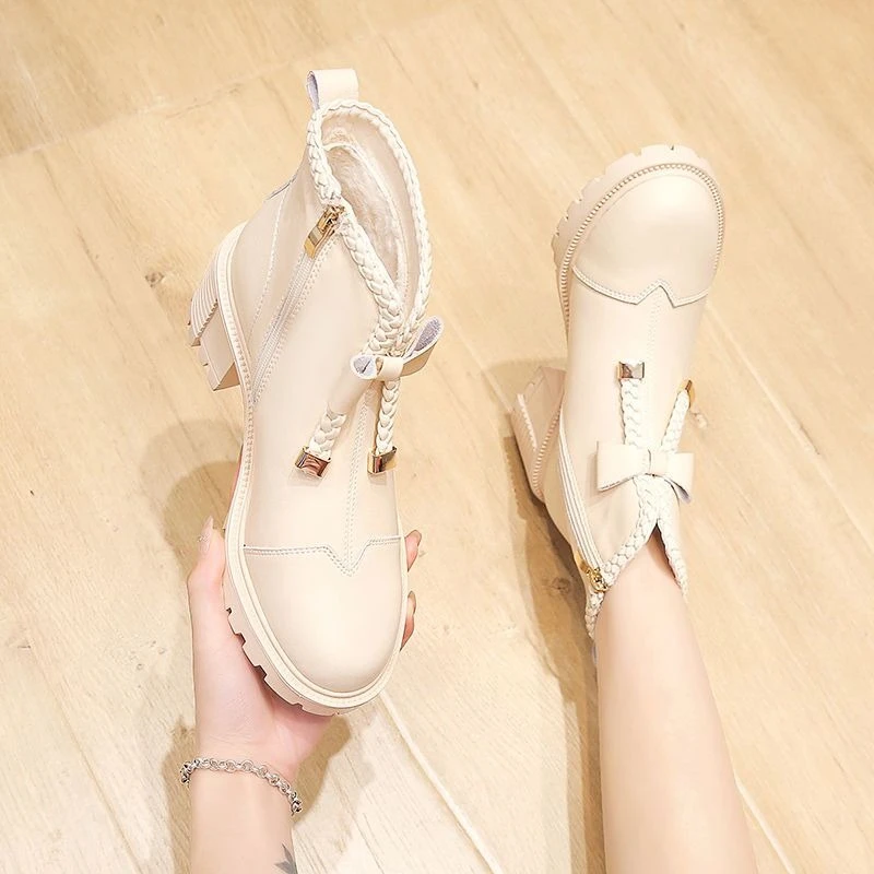 Korean Chic Soft Leather Chunky Heel Ankle Boots Women Slim Fit Short Booties Elegant Spring Fall Footwear