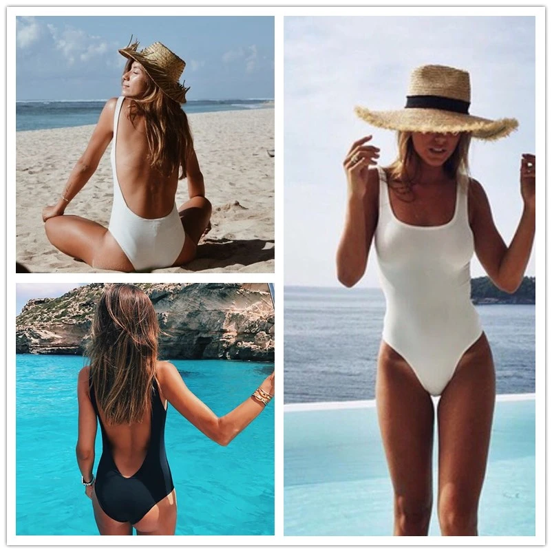 Women One Piece Swimsuit Solid Basic White Backless Swimwear Monokini Bodysuit Push Up Tummy Control Swimsuit Bathing Suit