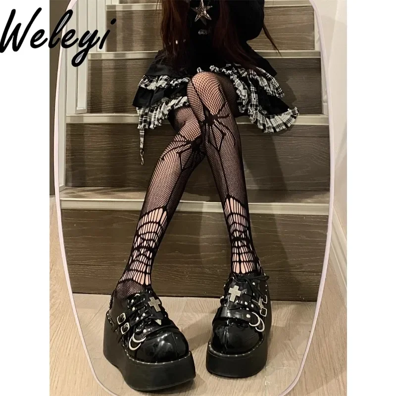 Subculture Fishnet Stockings Y2k Girl Black Silk Suspenders Hollowed Socks Jirai Kei Ripped Spider Fishnet Thigh High Stockings