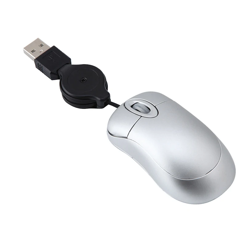 Mini mouse com fio usb cabo retrátil minúsculo mouse pequeno 1600 dpi óptico compacto mouse de viagem para 98 2000 xp vista ve (prata)