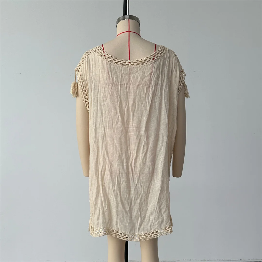 Ausgehöhlte, kurzärmelige, einfarbige, gehäkelte, gestrickte Tunika, Strand-Überwurf, Strandkleid, Strandbekleidung, Damenmode V8480 – Detail 9
