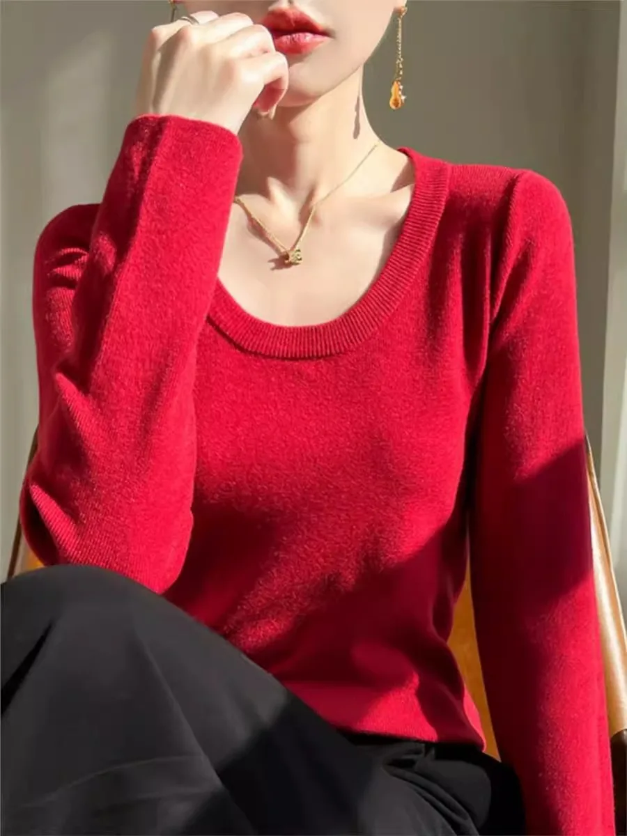 Чистый цвет, круглый Ne Slim Fit Base irt, женский осенний свитер 2024, эластичный сексуальный свитер в рубчик с обнаженной ключицей