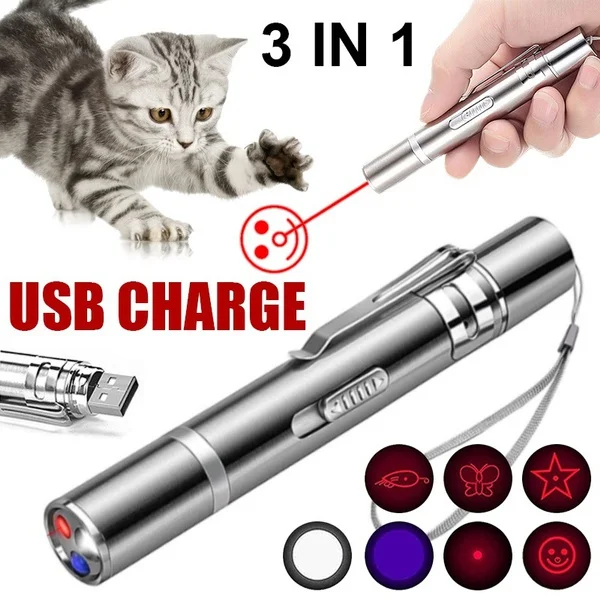 USB Rechargeable Cat Laser Pointer with 3 Modes 5 Patterns Lazer Projection Pen Red Dot LED Light Pointer Interactive Cat Toys