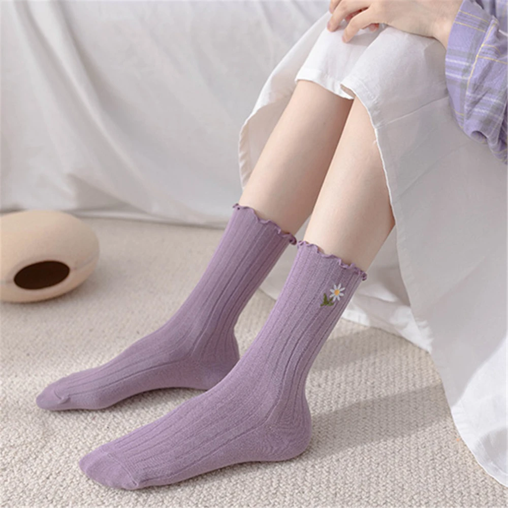 Sleeping Beauty Chic Embroidery Cartoon Floral Women's Socks Preppy Style Mori Girl Cute Dropship
