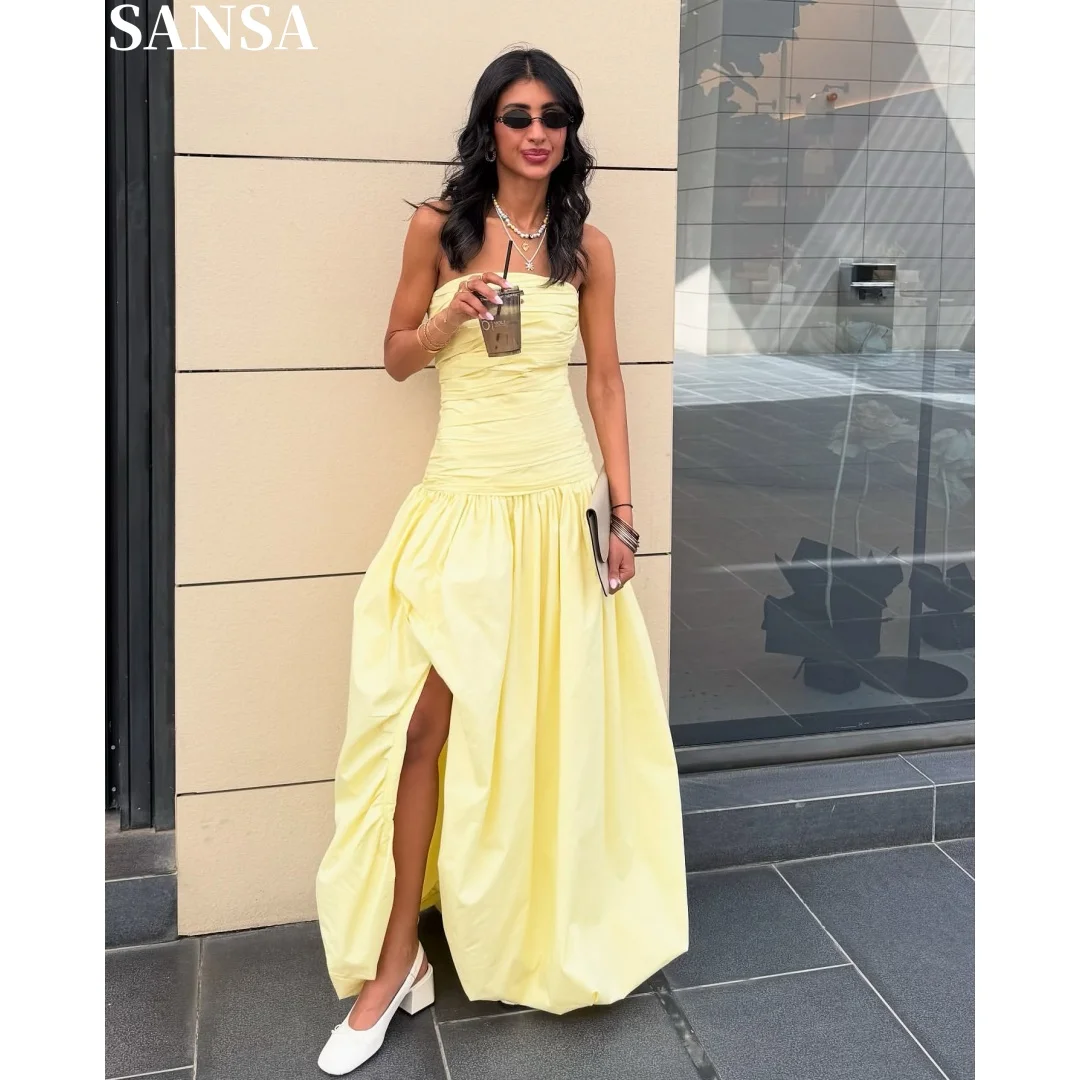 

Sansa Customized Lemon Yellow Tube Top Maxi Dress Ruched Detail and Voluminous Bubble Skirt High Slit for Summer Events and Part