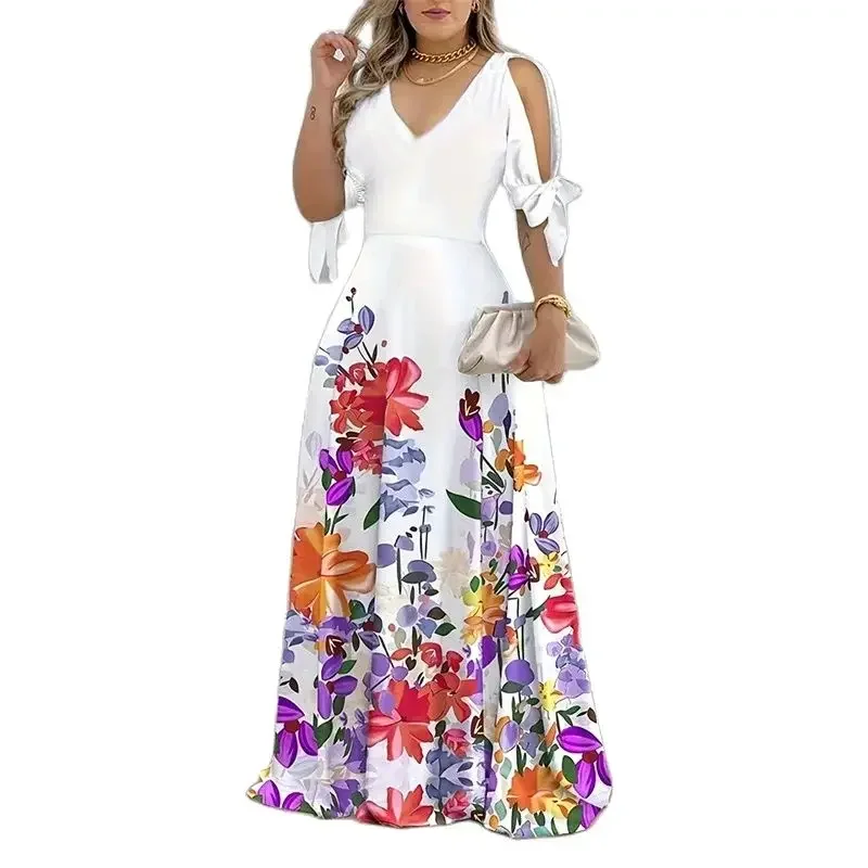 

2024 Elegant Hollow Out Short Sleeve Lace-up Dresses Women Casual Dress Female Flower Print V Neck High Waist Floor-length Gown