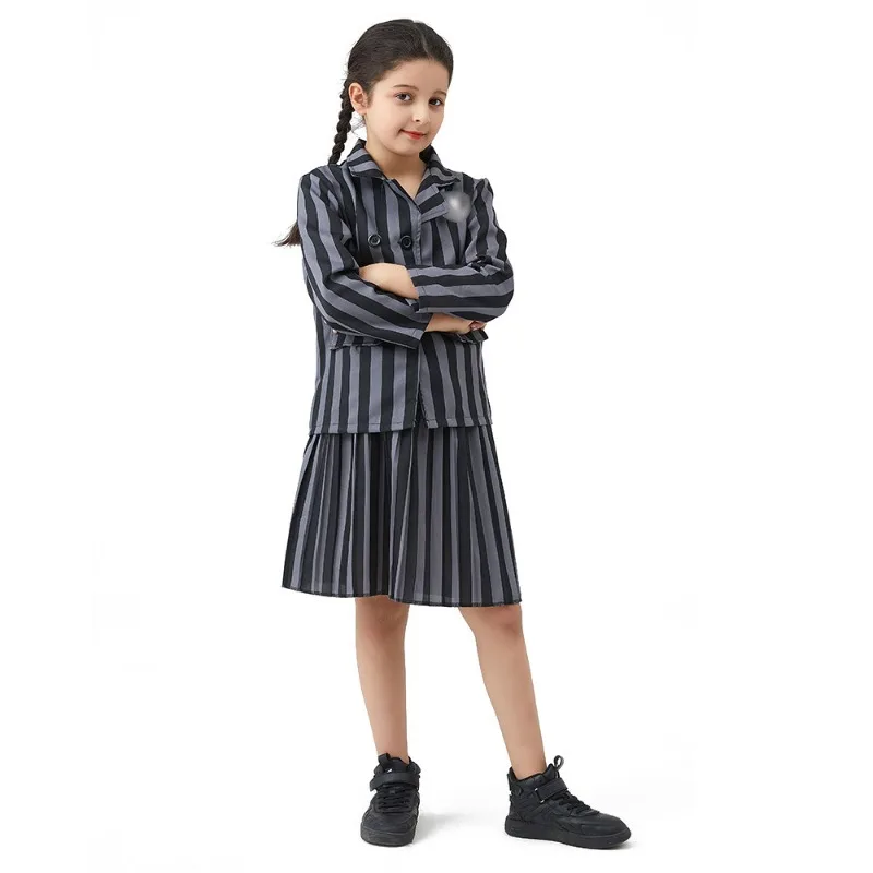 Girl Addams Family Halloween Cosplay Costume Girls Gray Purple Wednesday Addams Uniform Suit Skirts Wig Hand Wednesday Clothes