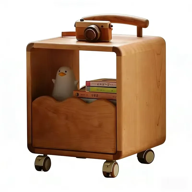 Gold Supplier Customized Design Solid Wood Nightstand Easy to Move Small Space Storage Cabinet Kids Room Rolling Bedside