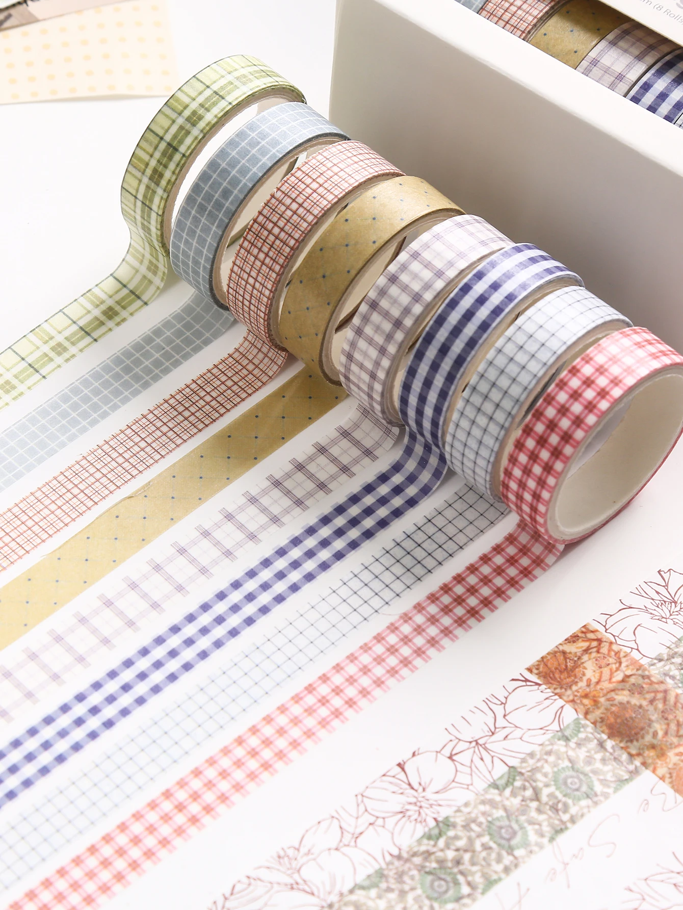 8 Rollen Ästhetisches Blumen-Washi-Tape-Set, Vintage-Blumen- & Karo-Dekorationsstreifen für Tagebuch, Planer, Scrapbook & DIY-Bastelarbeiten – Detail 2