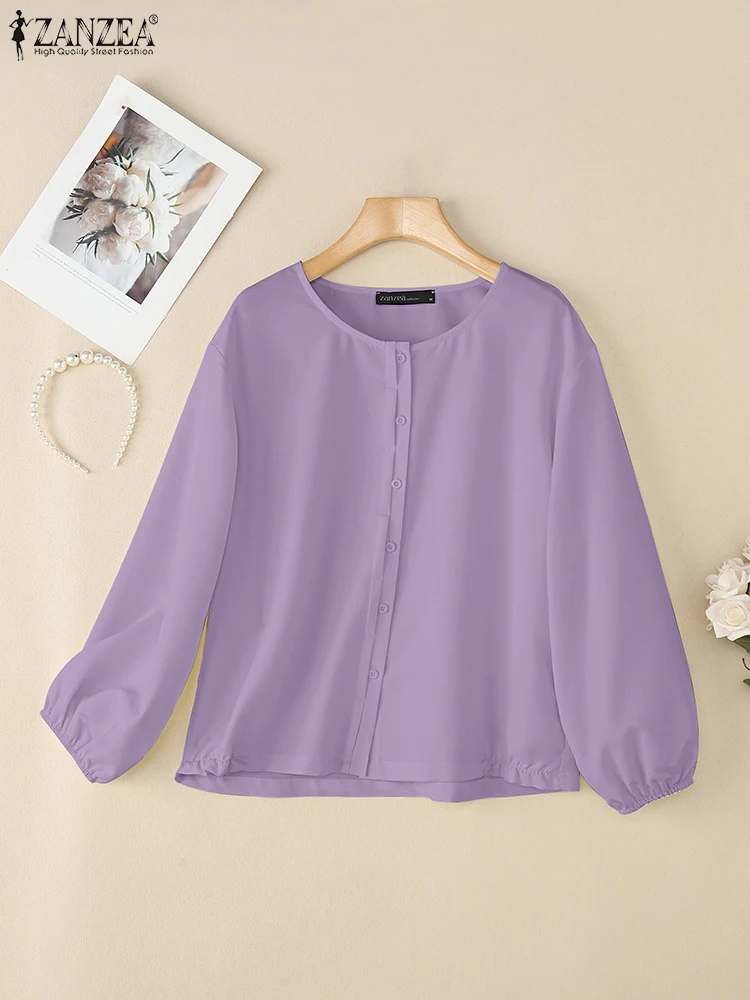 2025 ZANZEA Damskie codzienne bluzki z długim rękawem i dekoltem w serek Jesienne koszule Zapinane na guziki Eleganckie bluzki do pracy OL Damskie koszule